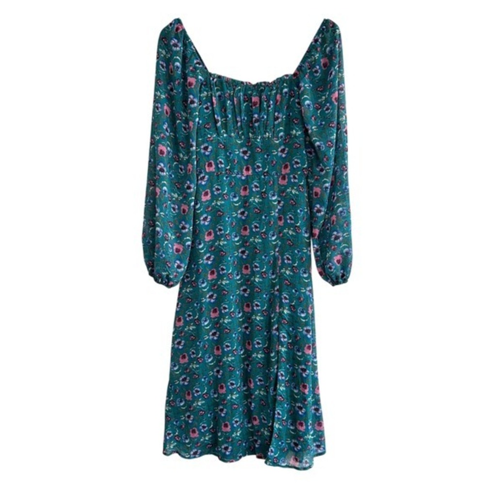 Women's Small Teal Floral Pansy Long Sleeve Square Neck Midi Dress Ruched Slit